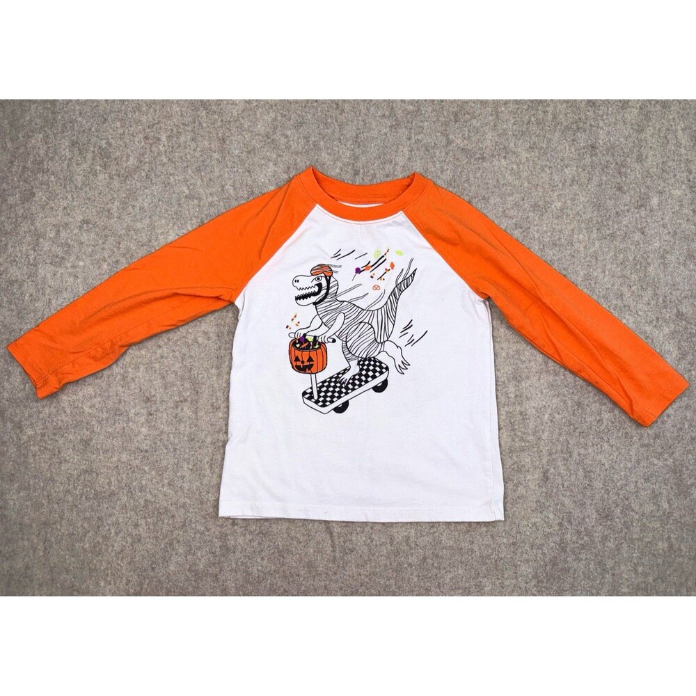 Cat & Jack Boys 3T Orange/White Raglan Long Sleeve Dinosaur Halloween Tee